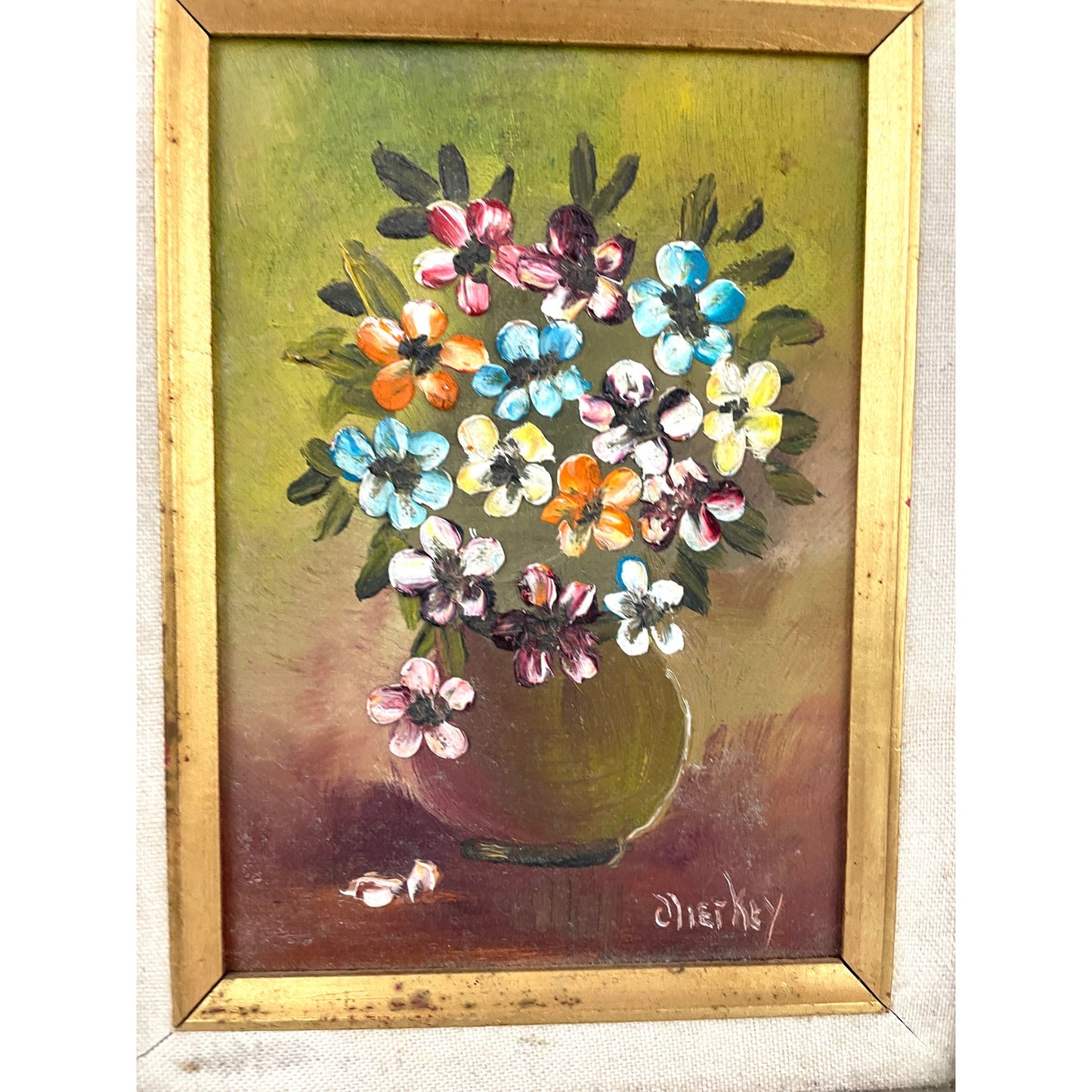 VTG Original Oil Painting Artist Signed Flower Vase Wood Framed MCM 70s