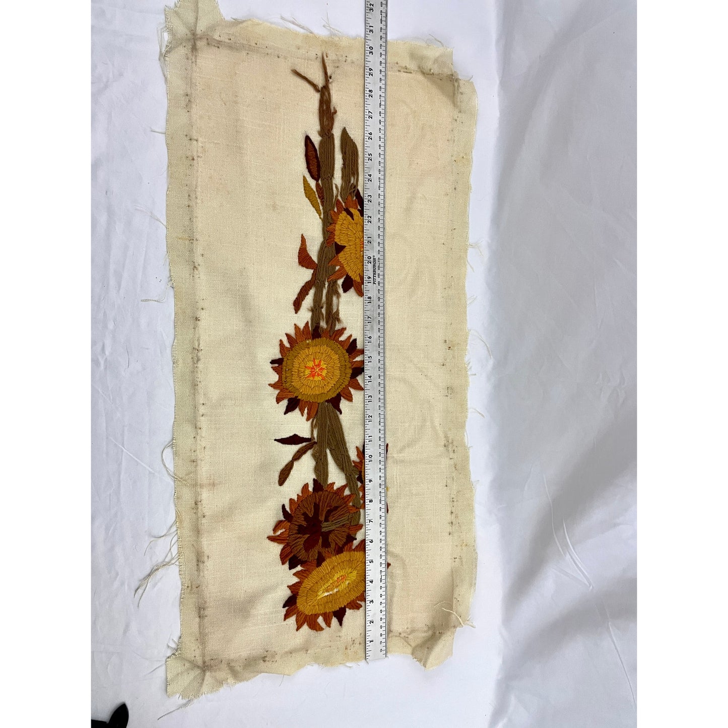 VTG Crewel Sunflower 70s Needlecraft Hand Embroidered Fiber Art 15"x30" No frame