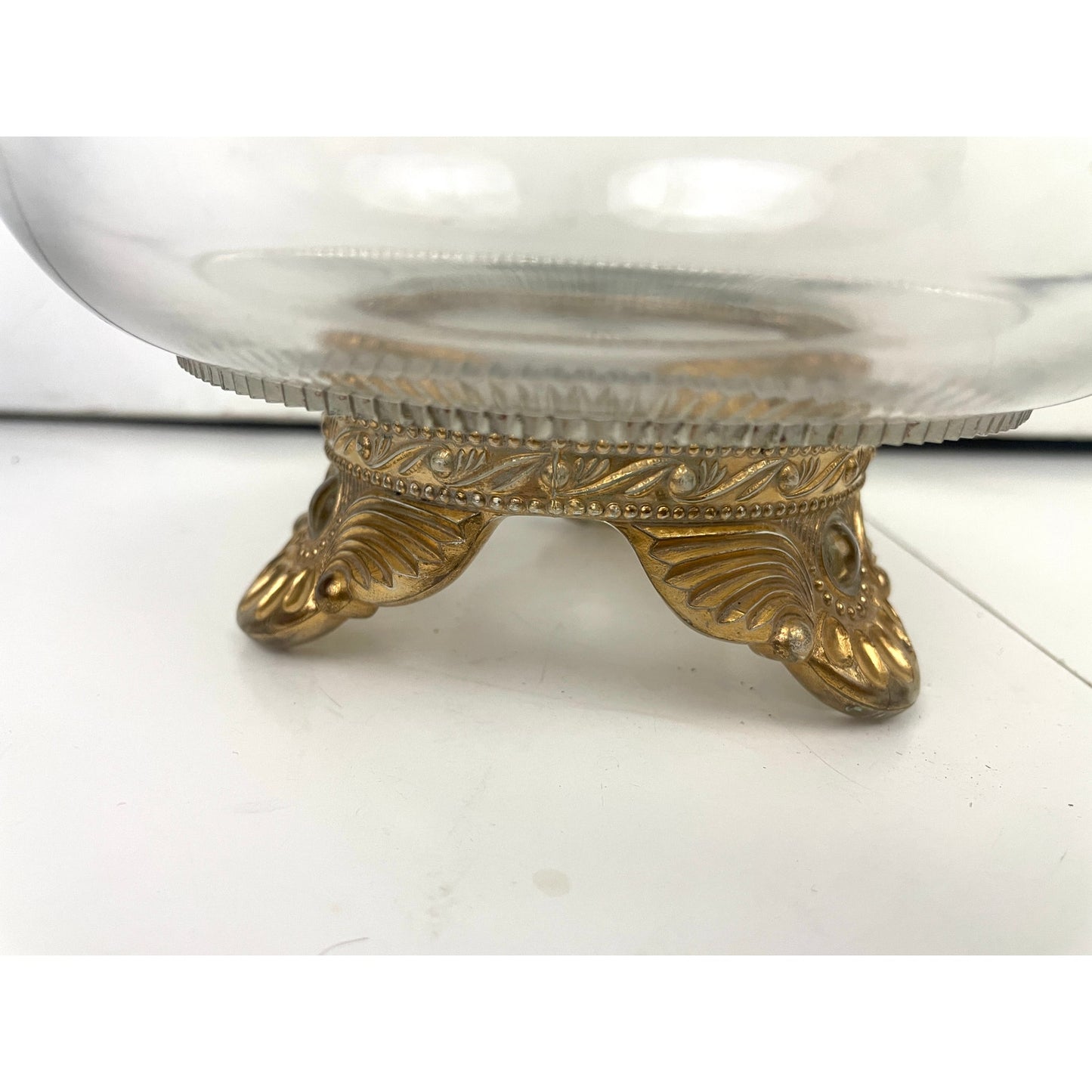 VTG Three Footed Clear Cut Pressed Glass Bowl Gold 3D Embossed Trim