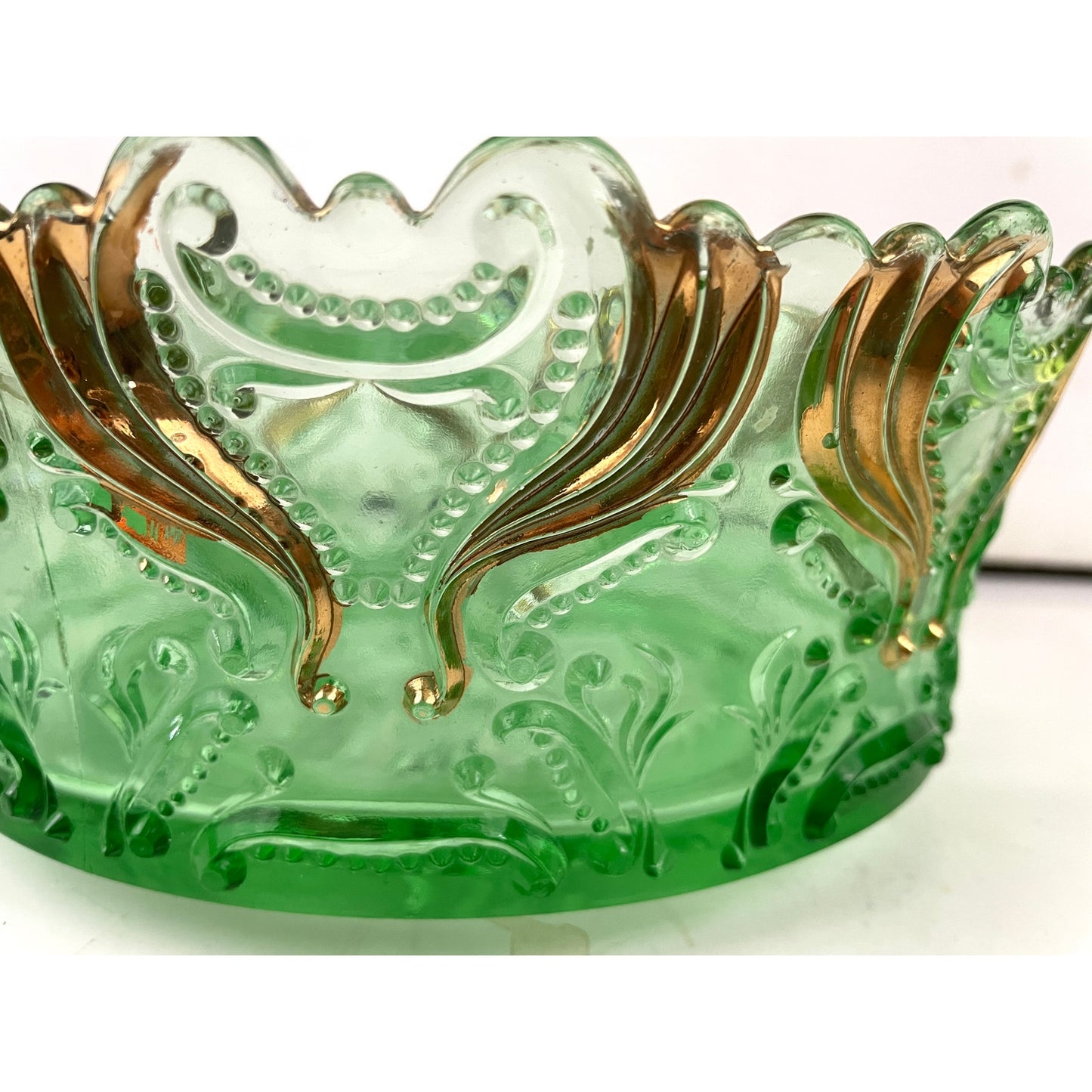 VTG Idyll Pattern Jefferson Pressed Glass Bowl Green Gold Accent