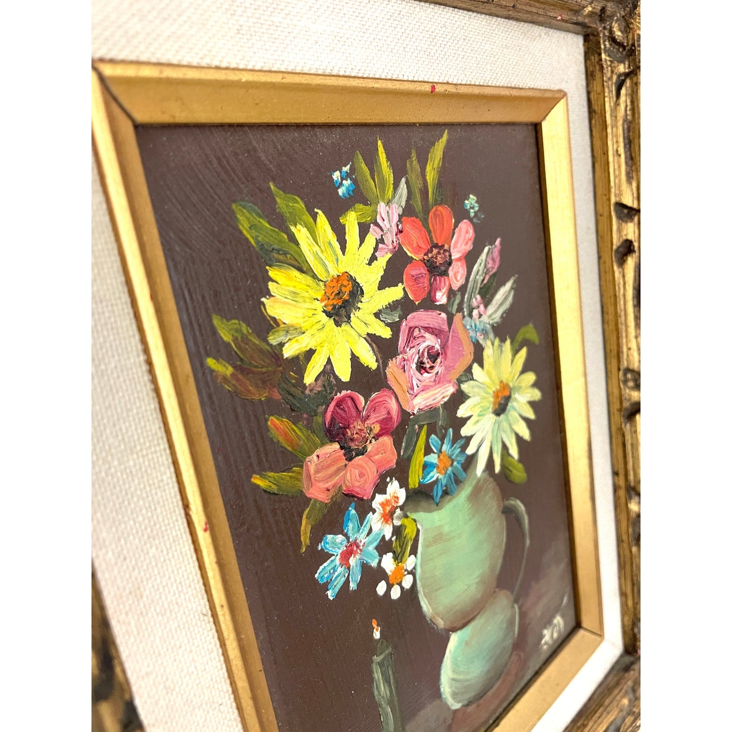 VTG Flower Vase Oil Painting Artist Signed Wood Framed MCM 70s Original OOAK