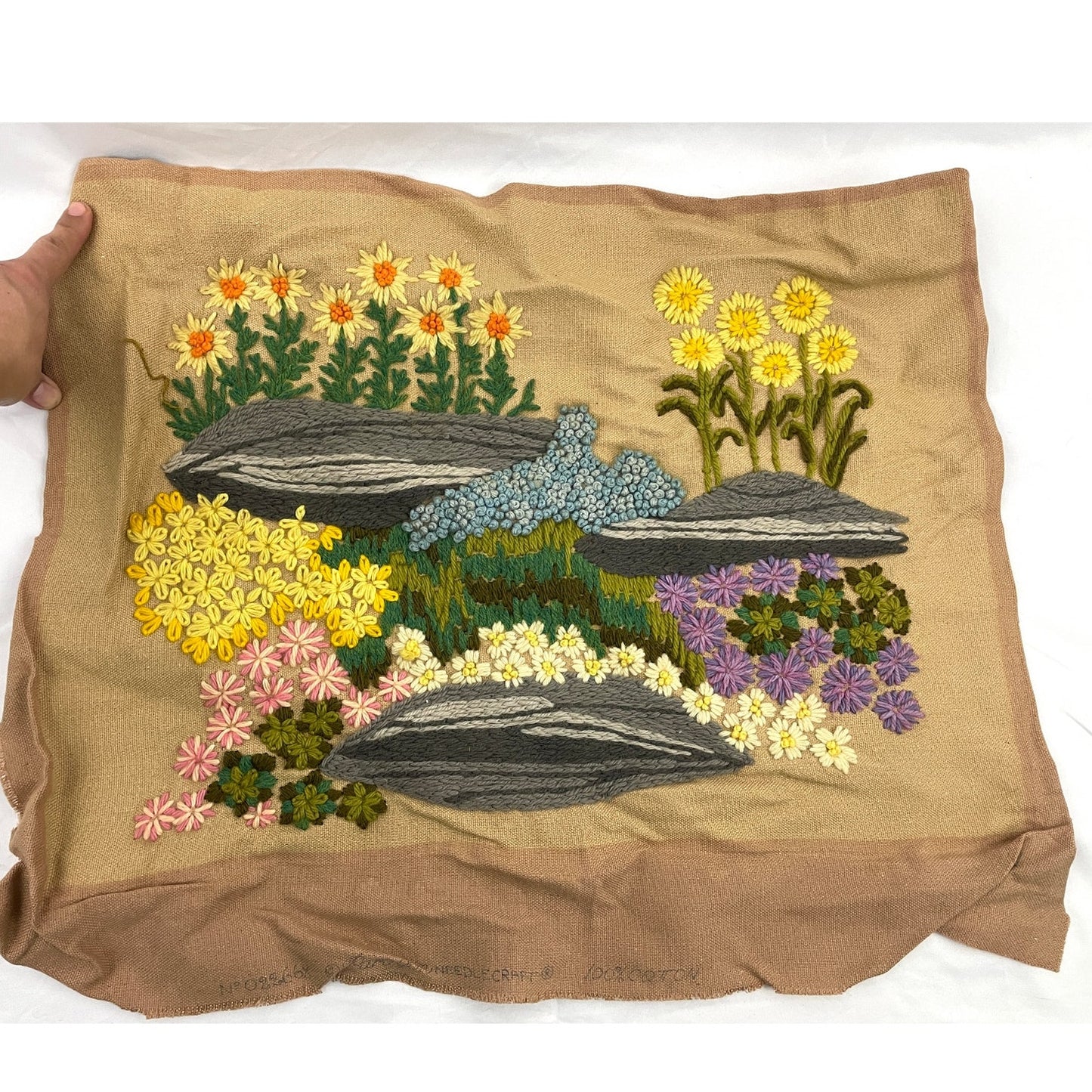 VTG Crewel Flowers Needlecraft Embroidered Wall Art 18"x23" 70s Unframed Paragon