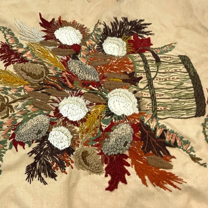 VTG Crewel Fall Bouquet 80s Needlecraft Hand Embroidered Wall Art 19"x21"