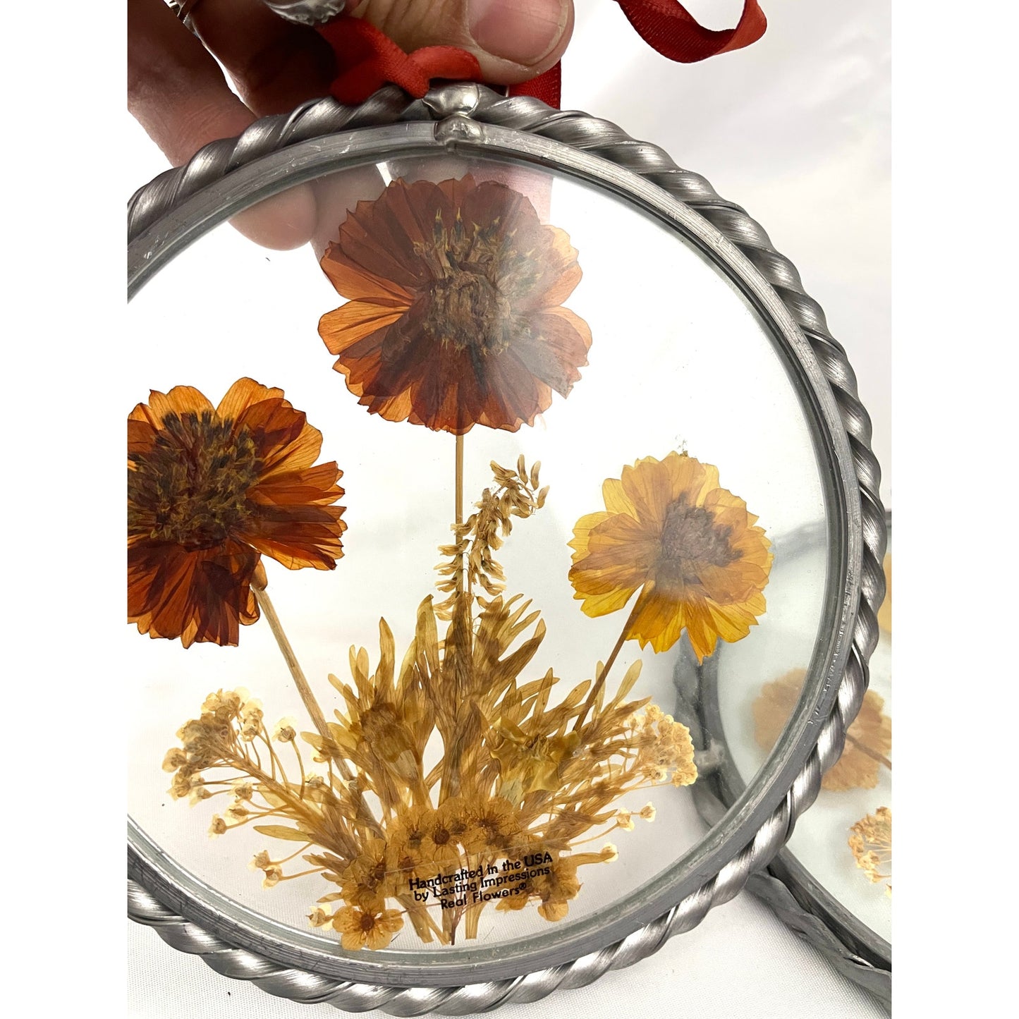 VTG 2x Real Pressed Dried Flowers Suncatcher 1940s Lasting Impressions USA Round