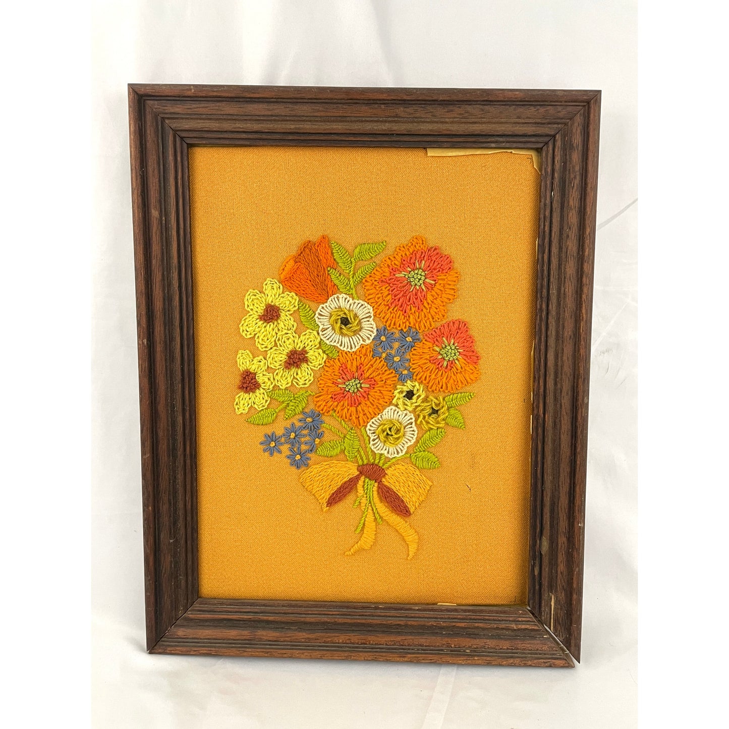 VTG Crewel Flowers Bouquet Needlecraft Embroidered Framed Wall Art 14.5"x18" 70s