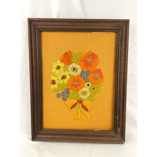 VTG Crewel Flowers Bouquet Needlecraft Embroidered Framed Wall Art 14.5"x18" 70s