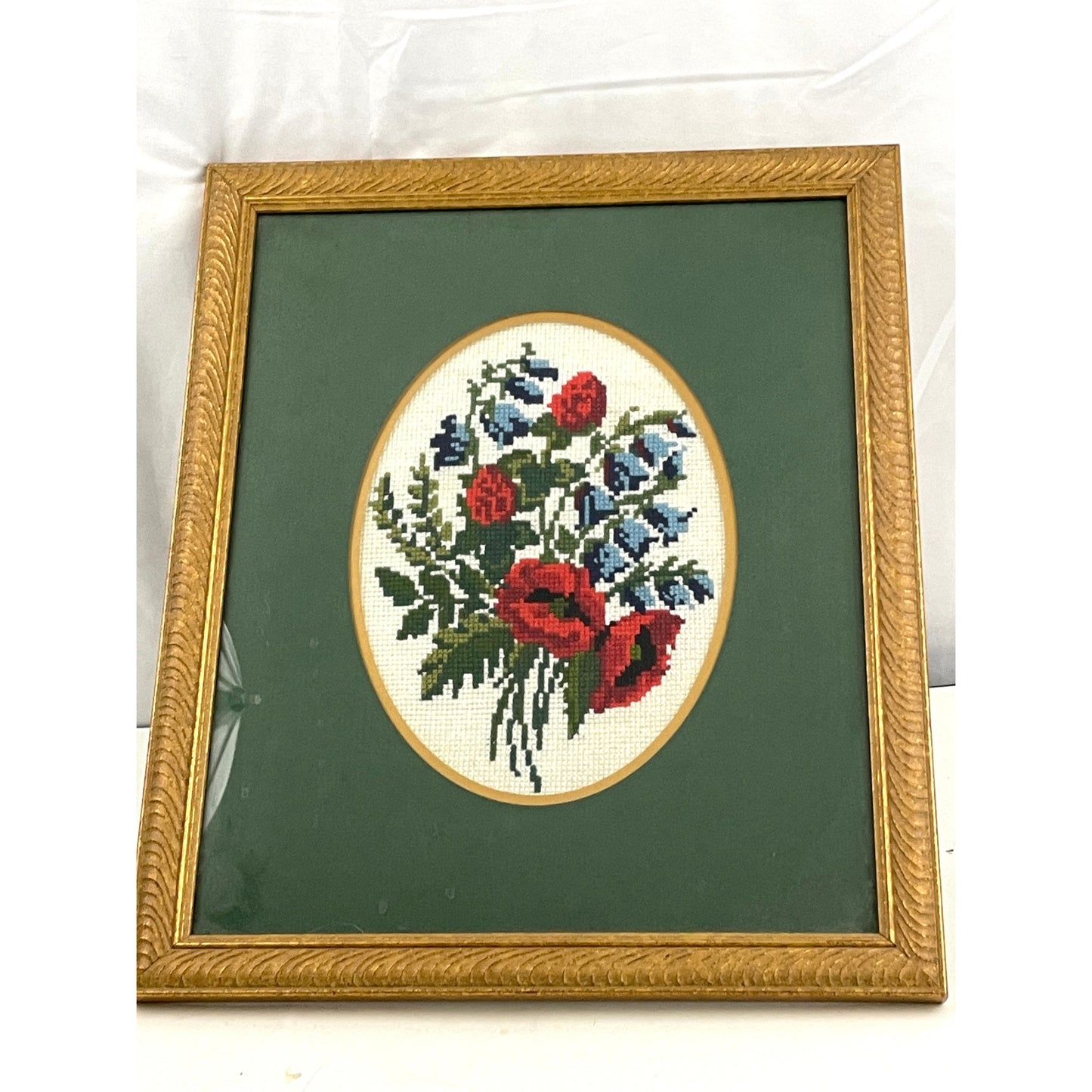 VTG Green Floral Embroidered Needlepoint Fiber Wall Art 13"x15.5" MCM Framed