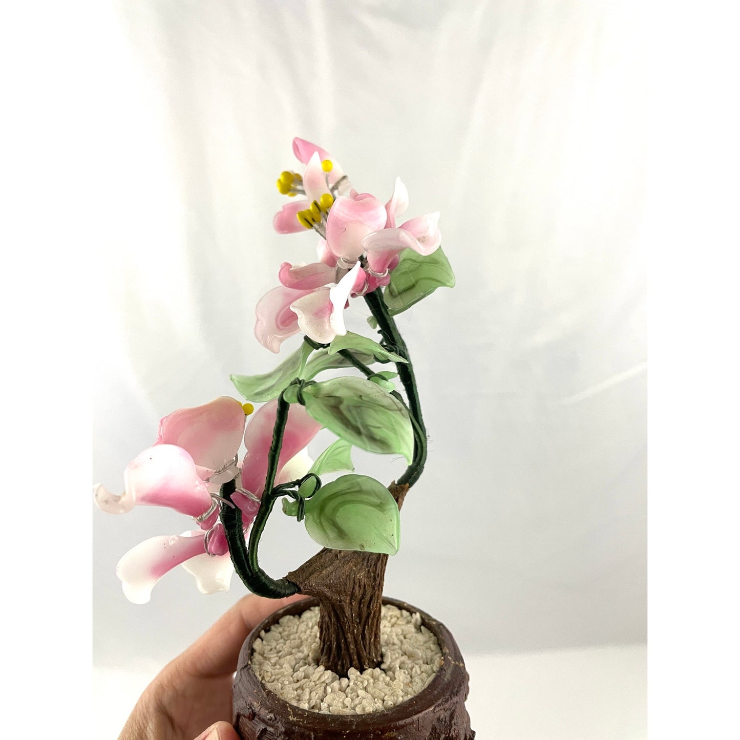 VTG Pink Cherry Blossom Jade Carved Leaves Faux Bonsai Tree 8" Tall