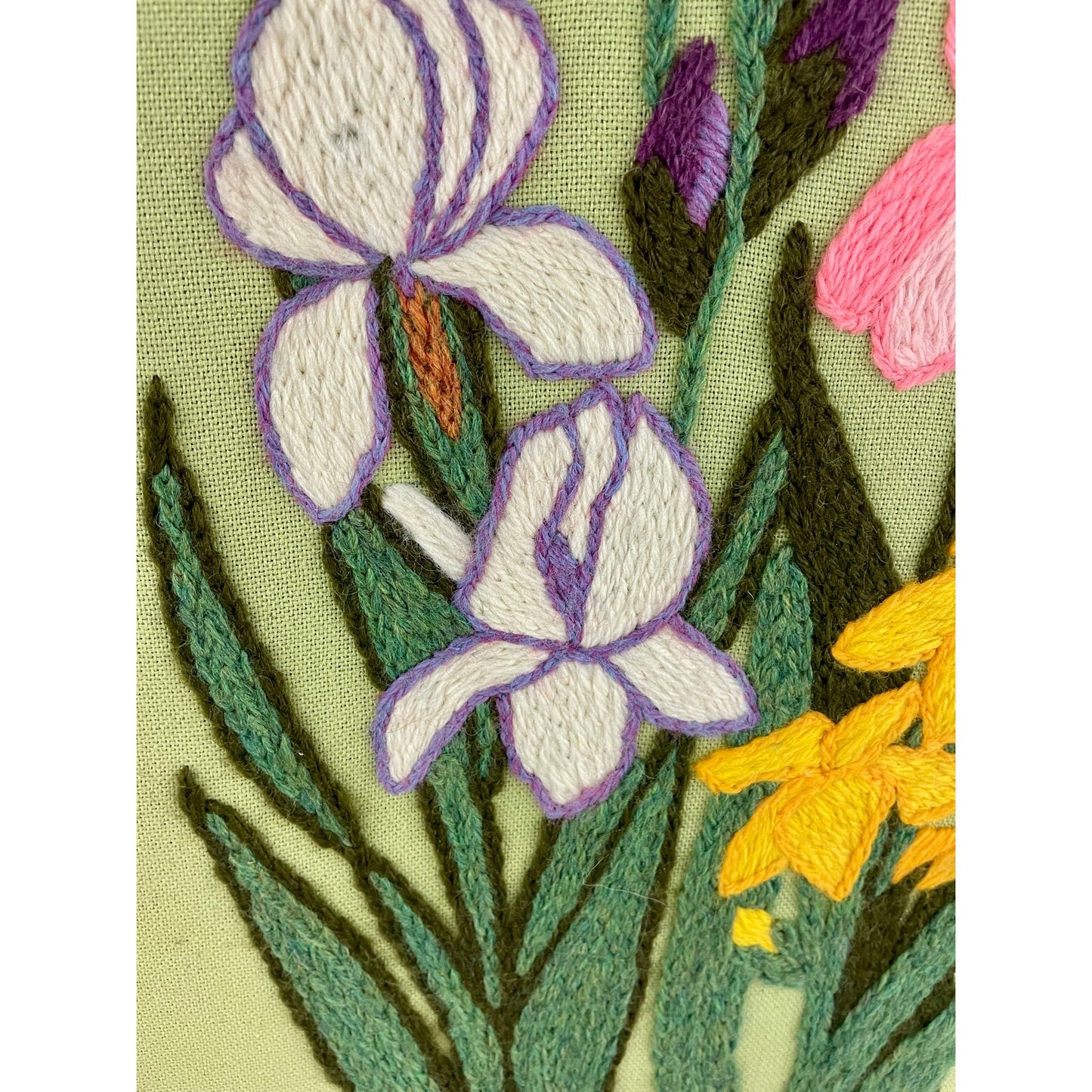 VTG Crewel Floral Iris Needlepoint Framed 70's Embroidered Wall Art 13"x34"