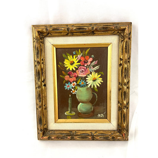 VTG Flower Vase Oil Painting Artist Signed Wood Framed MCM 70s Original OOAK