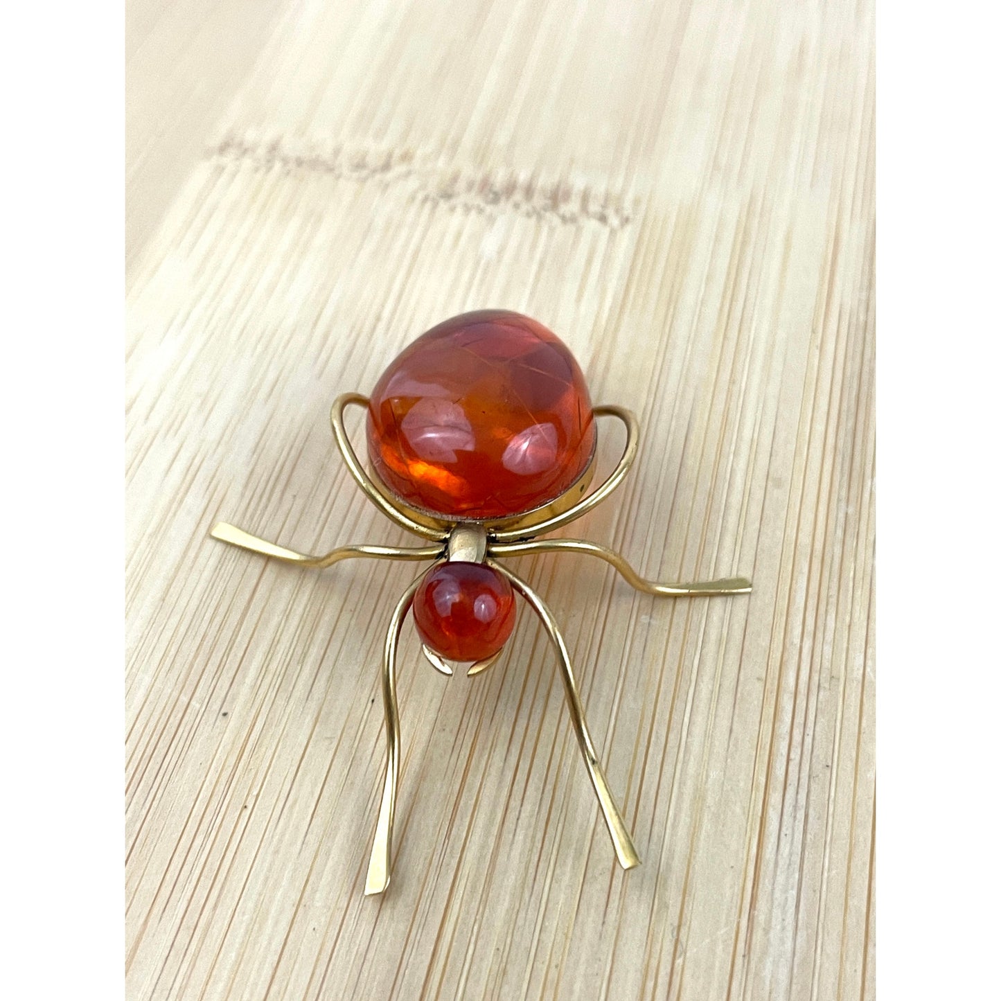 VTG Insect Amber Body Pin Brooch RARE Gold Tone Stamped 7rk Bug Baltic