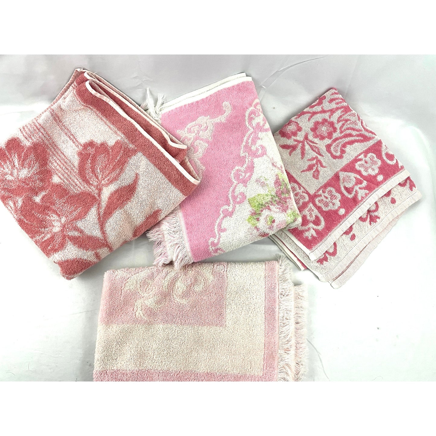 VTG Lot 4 Retro Floral Pink Hand Towels Canon 60s 70s Fringe Reversible