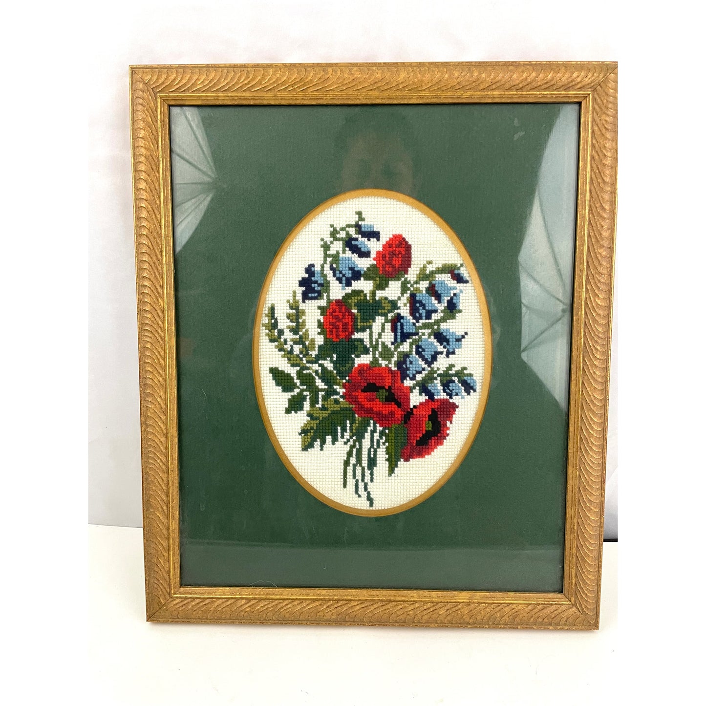 VTG Green Floral Embroidered Needlepoint Fiber Wall Art 13"x15.5" MCM Framed