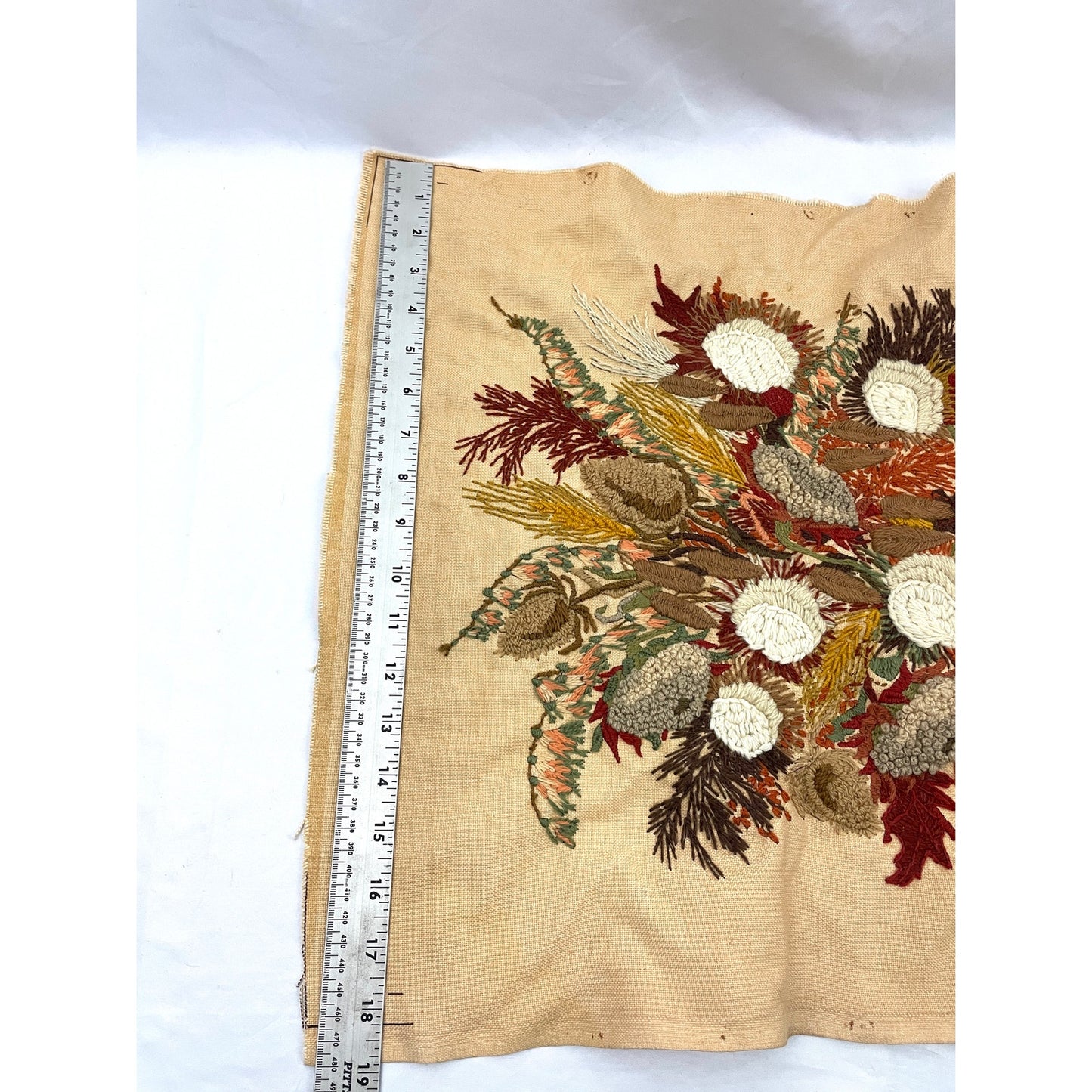 VTG Crewel Fall Bouquet 80s Needlecraft Hand Embroidered Wall Art 19"x21"