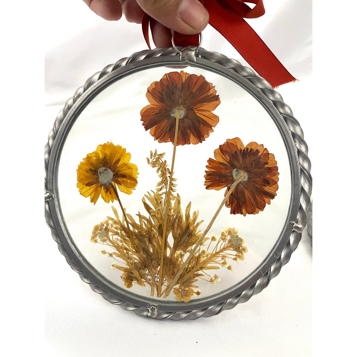 VTG 2x Real Pressed Dried Flowers Suncatcher 1940s Lasting Impressions USA Round