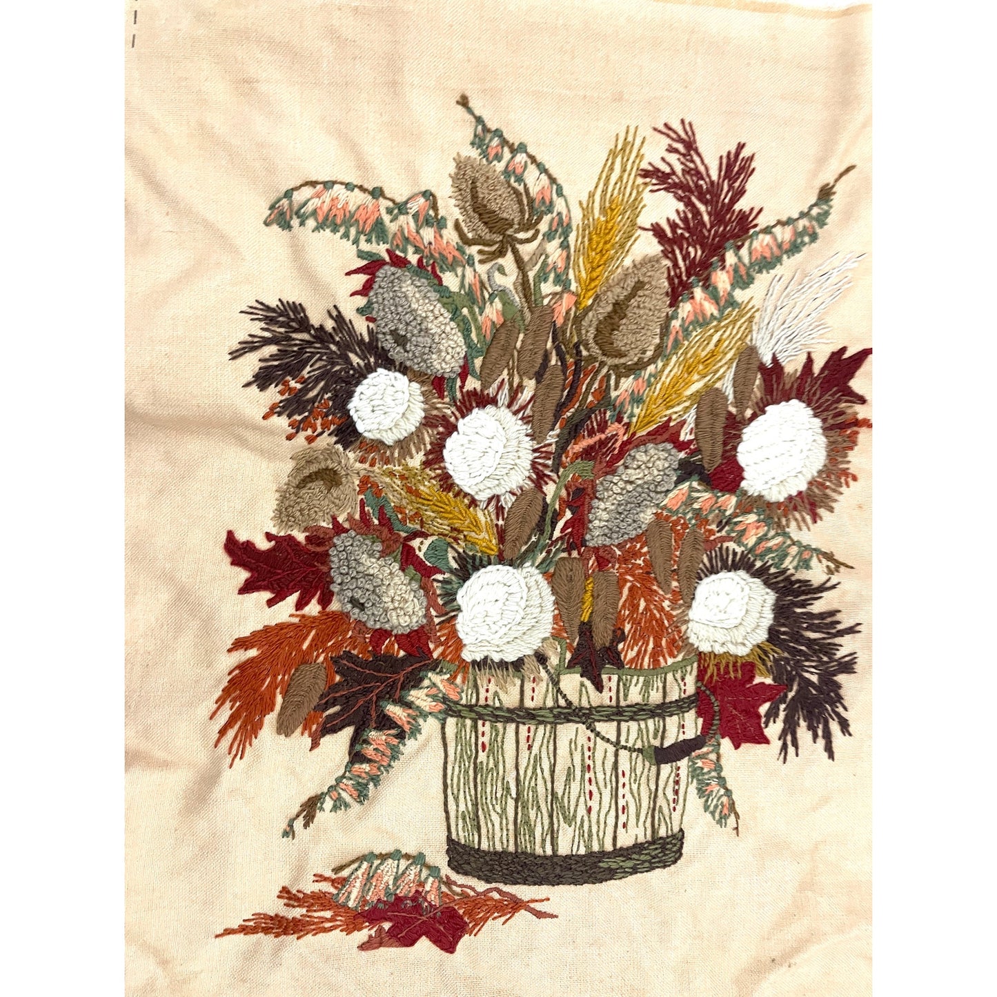 VTG Crewel Fall Bouquet 80s Needlecraft Hand Embroidered Wall Art 19"x21"