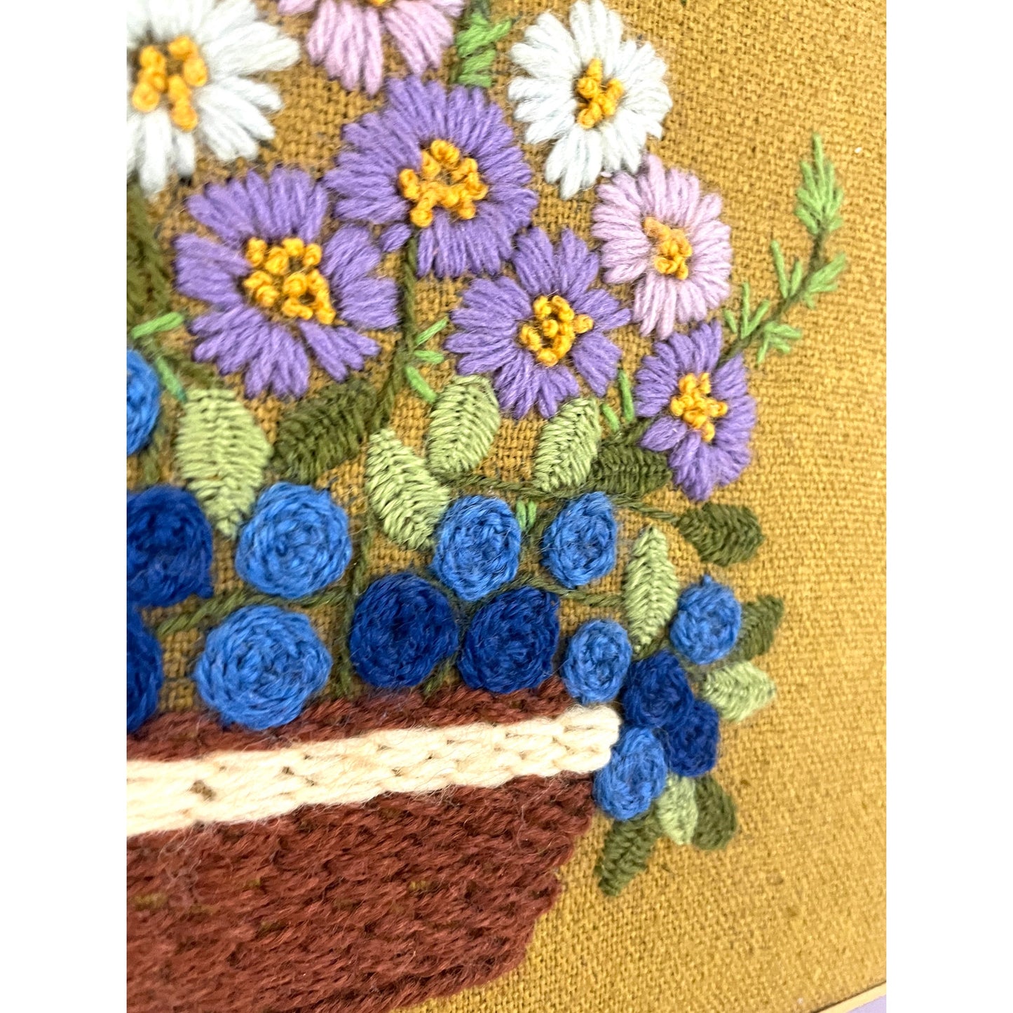 VTG Crewel Embroidery Floral Framed 70's Finished Fiber Wall Art 16"X14" MCM