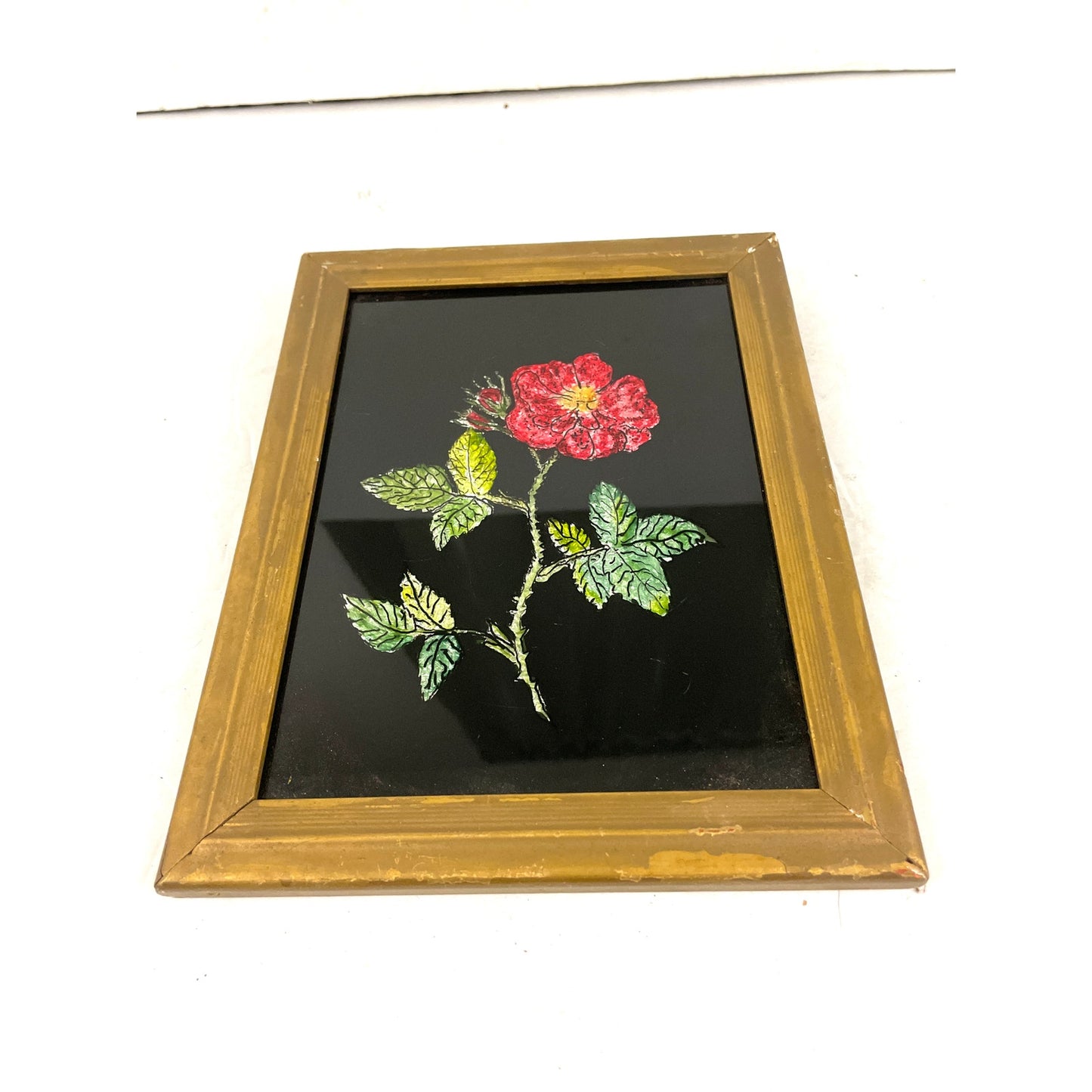 VTG Folk Art Tinsel Foil Reverse Artwork Framed 70s Red Rose 7"x9"