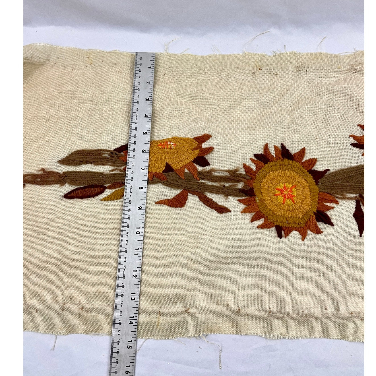 VTG Crewel Sunflower 70s Needlecraft Hand Embroidered Fiber Art 15"x30" No frame