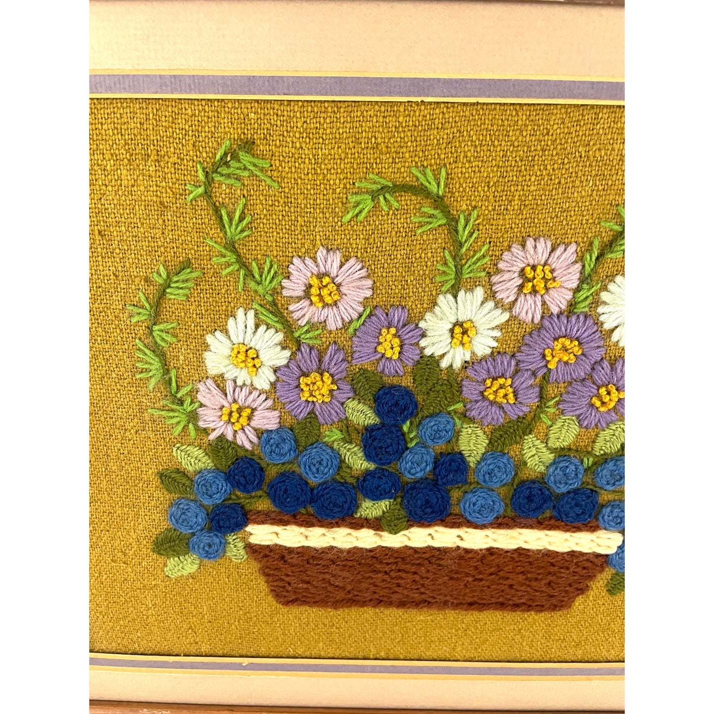 VTG Crewel Embroidery Floral Framed 70's Finished Fiber Wall Art 16"X14" MCM