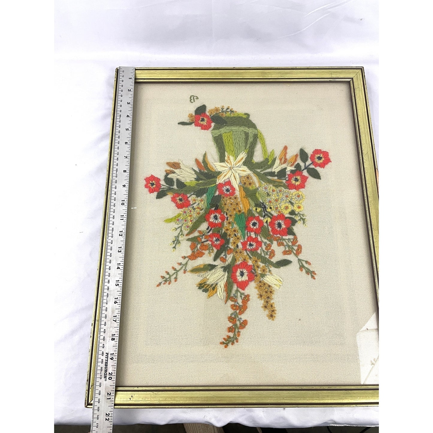 VTG Crewel Flowers Vase Needlecraft Embroidered Framed Wall Art 17.5"x21.5" 70s