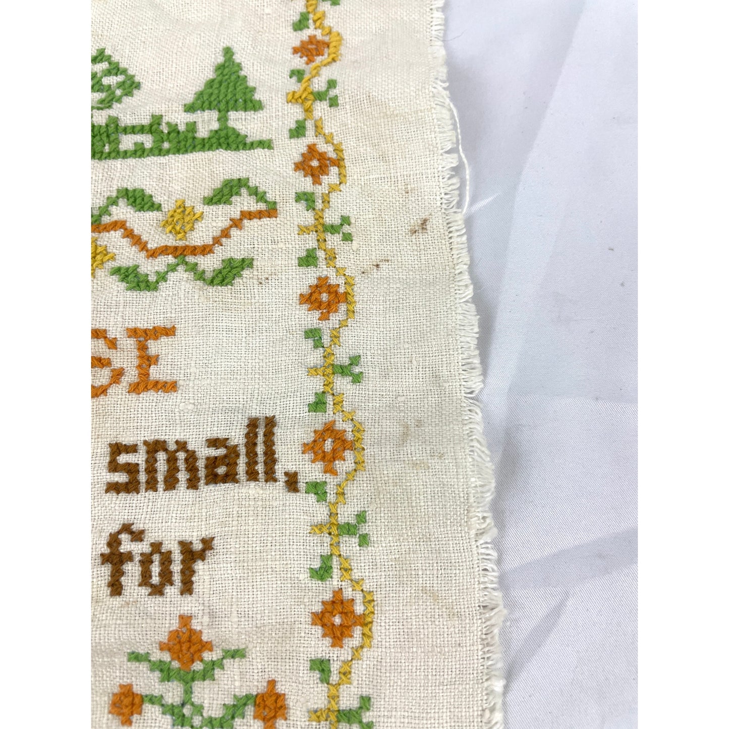 VTG Cross Stitch Dear House Youre Really Very Small LOVE Fiber Art 1970s Linen