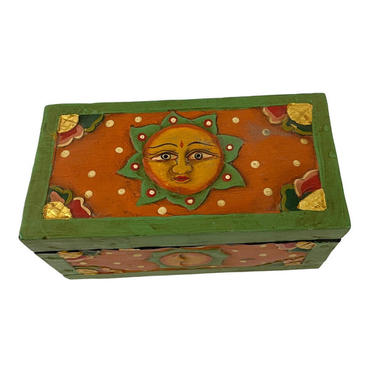 VTG Carved Hand Painted Wooden Box Sun Folk Art Design Green Orange Boho