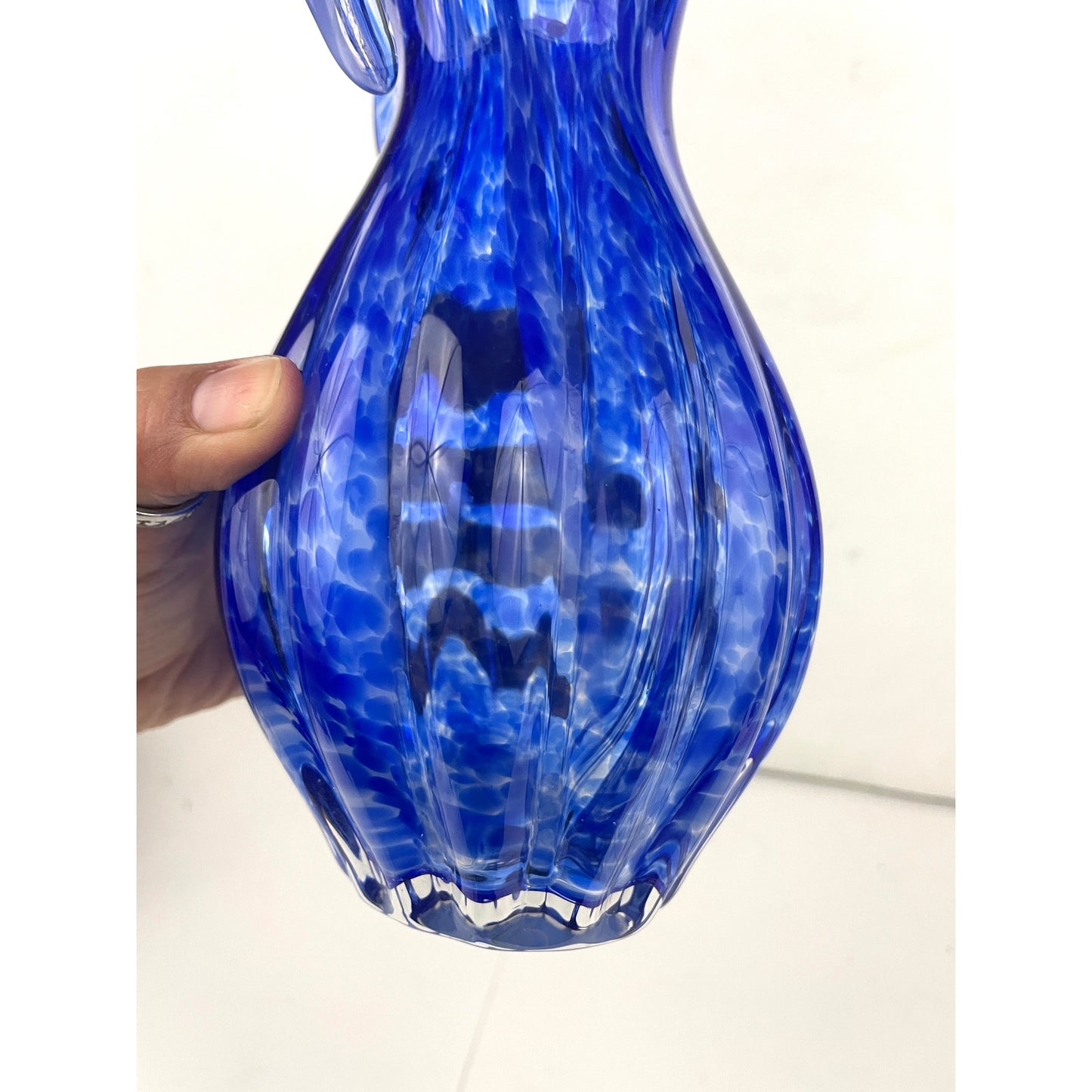 VTG Blue Murano Glass Vase Spotted Ribbed Vase 8.5" Tall Three Petal Floral MCM