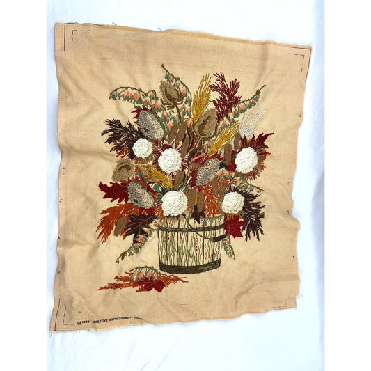 VTG Crewel Fall Bouquet 80s Needlecraft Hand Embroidered Wall Art 19"x21"