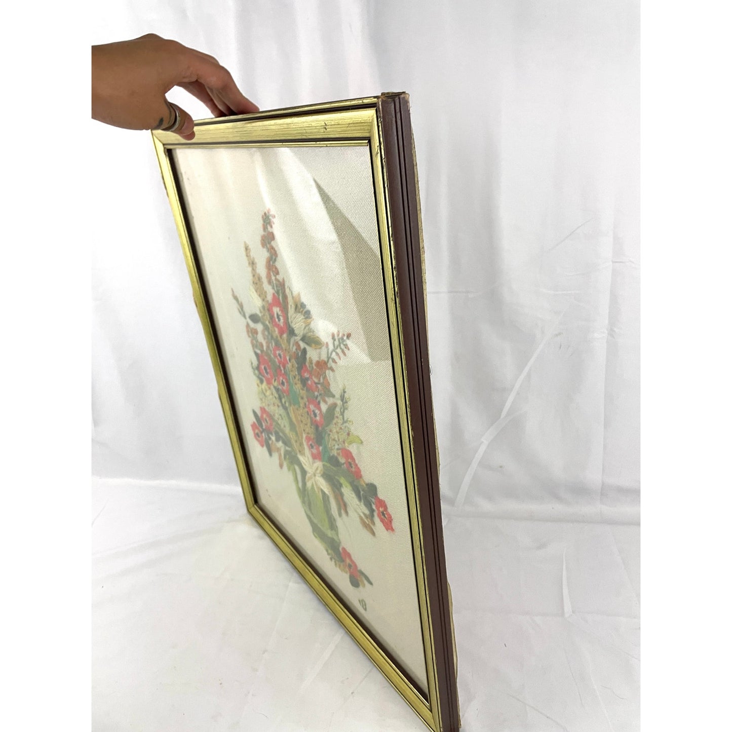 VTG Crewel Flowers Vase Needlecraft Embroidered Framed Wall Art 17.5"x21.5" 70s