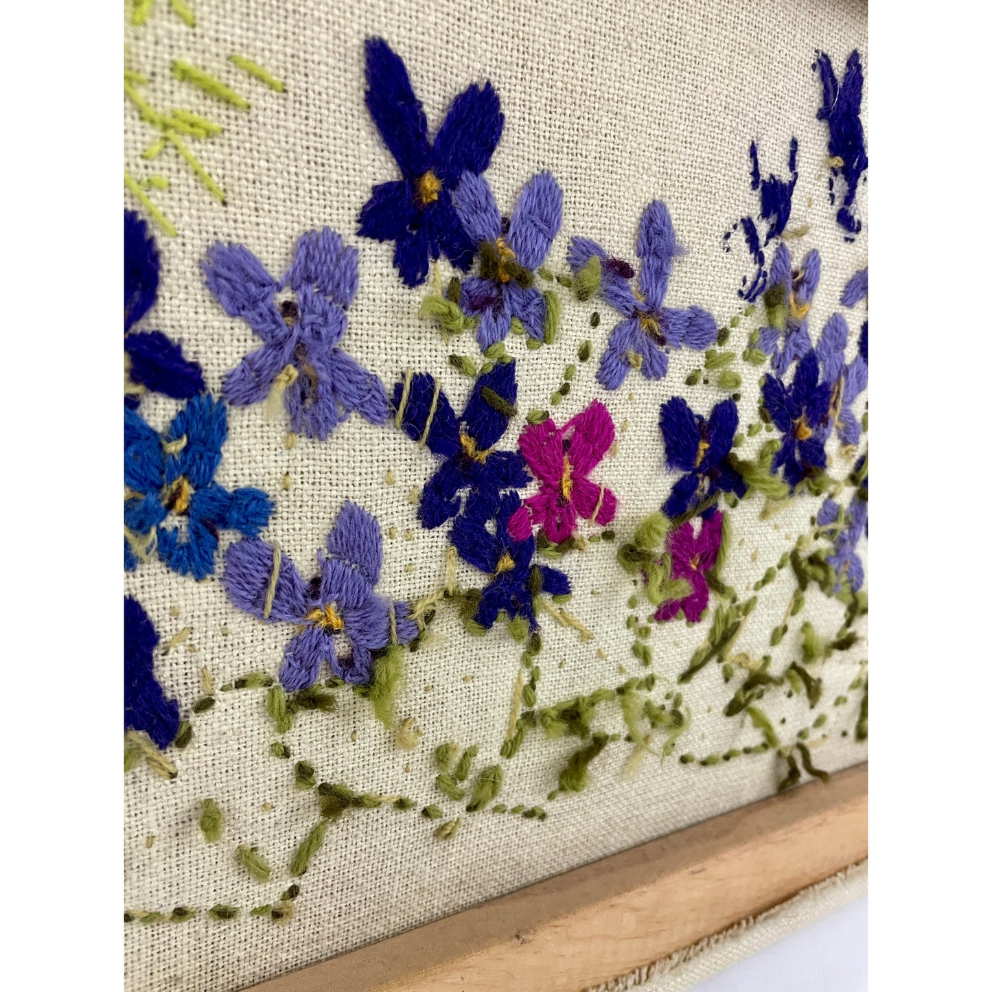 VTG Crewel Floral Embroidered Framed Textile Yarn Fiber Wall Art 29.5"x12" MCM