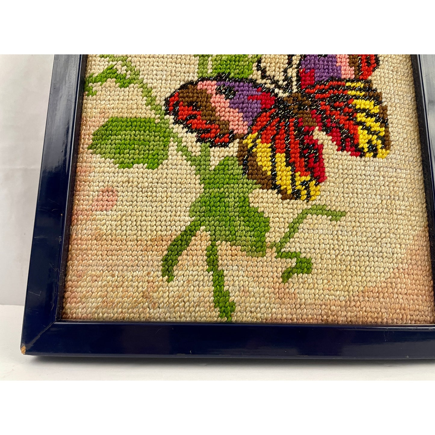 VTG 70's Butterflies Embroidered Needlepoint Flowers MCM Fiber Art 7.5" x 19"