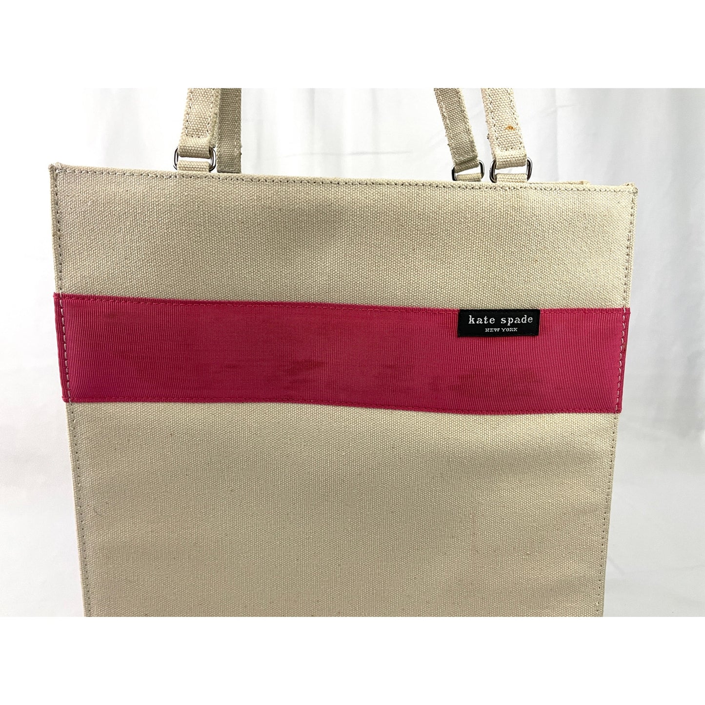 VTG Kate Spade Tote Bag Beige Pink Canvas Handbag Solid Stripe