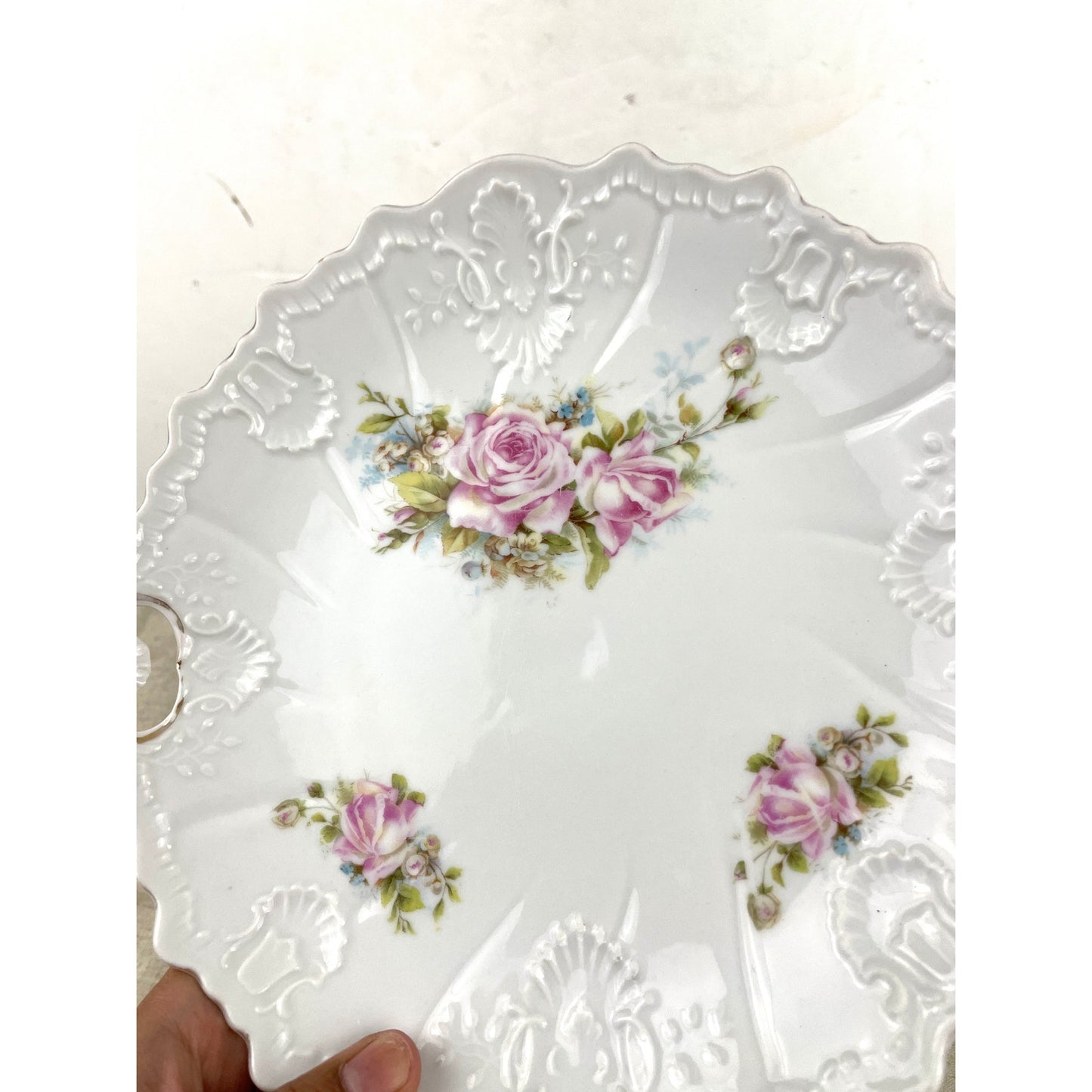 VTG Porcelain Pink Roses Floral Serving Plate With Handles Embossed Shabby Chic