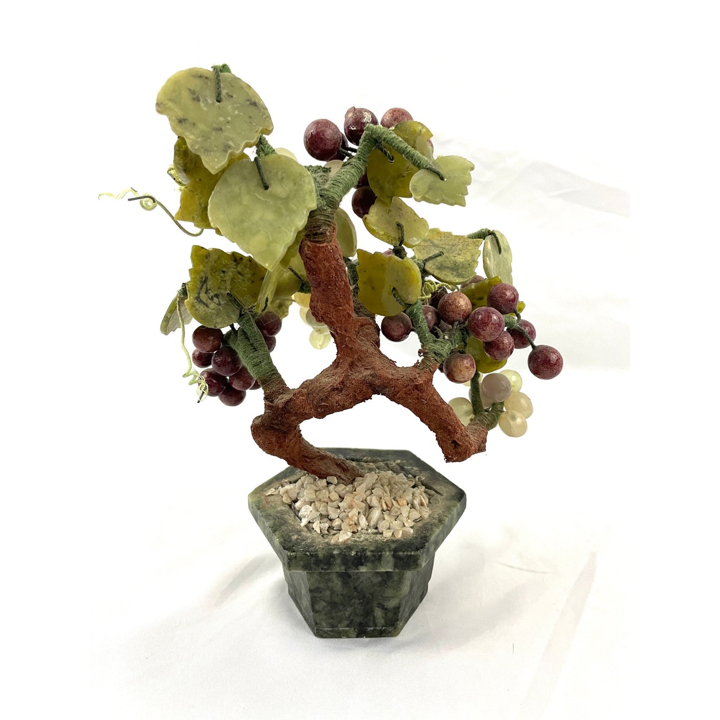 VTG Green Jade Carved Leaves Grapes Berries Fruit Faux Bonsai Tree 8" Tall