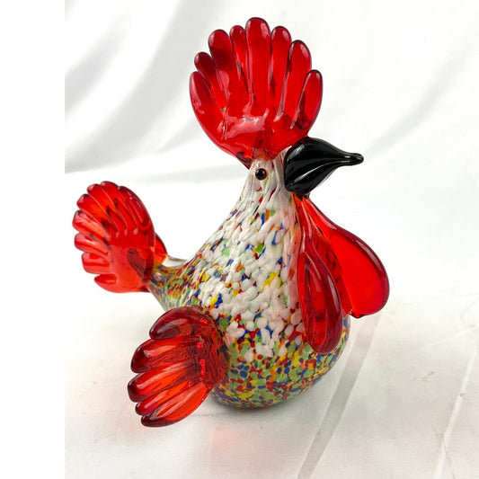 Rainbow Speckled Hand Blown Glass Rooster Murano Style Art Figurine Paperweight