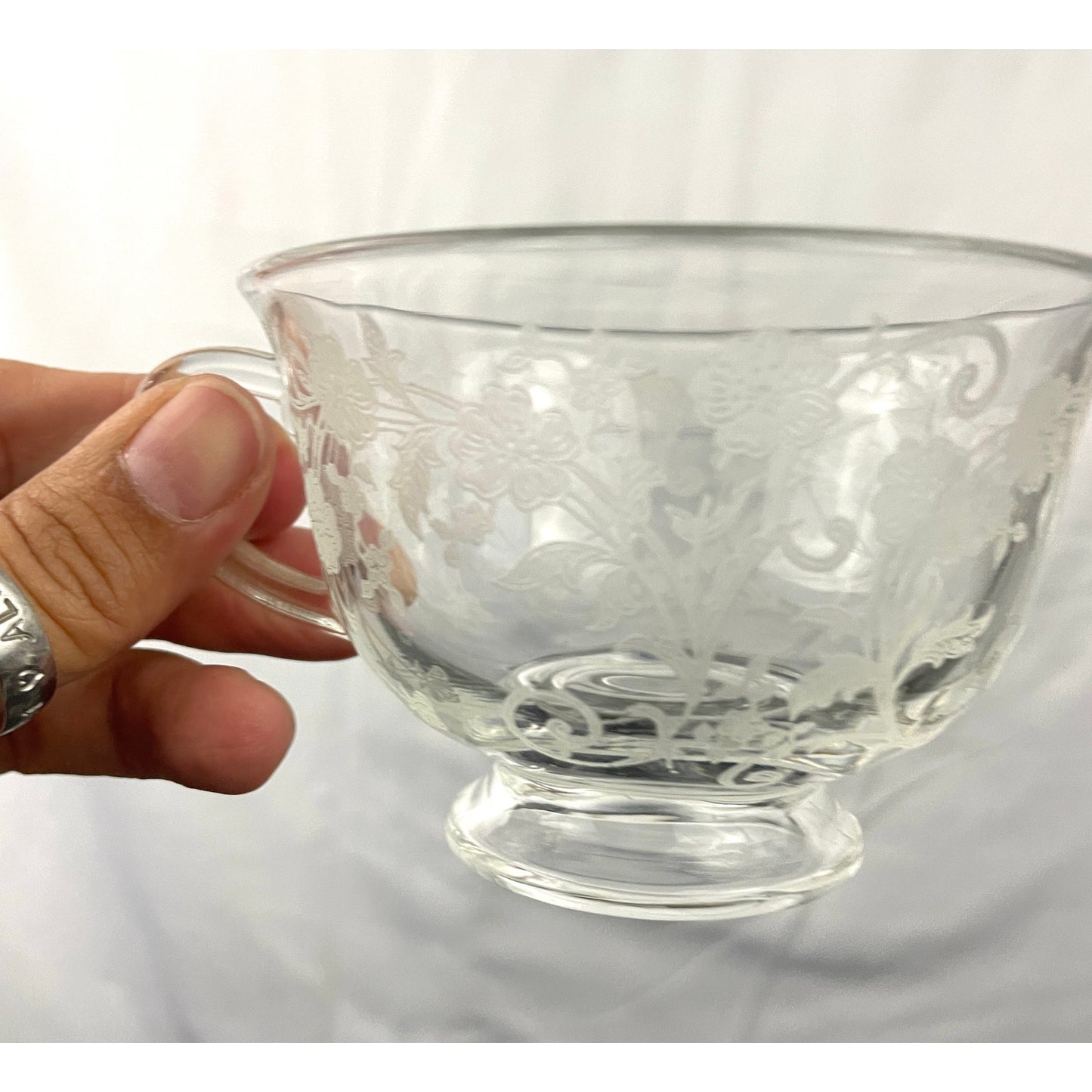 VTG Set of 4 Cambridge Clear Crystal Glass Rose Point Tea Cups Etched MCM