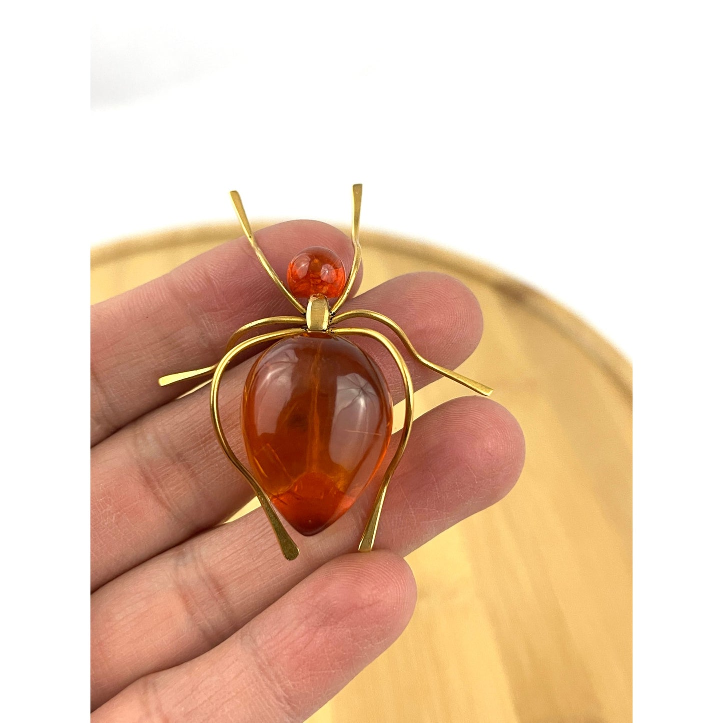 VTG Insect Amber Body Pin Brooch RARE Gold Tone Stamped 7rk Bug Baltic