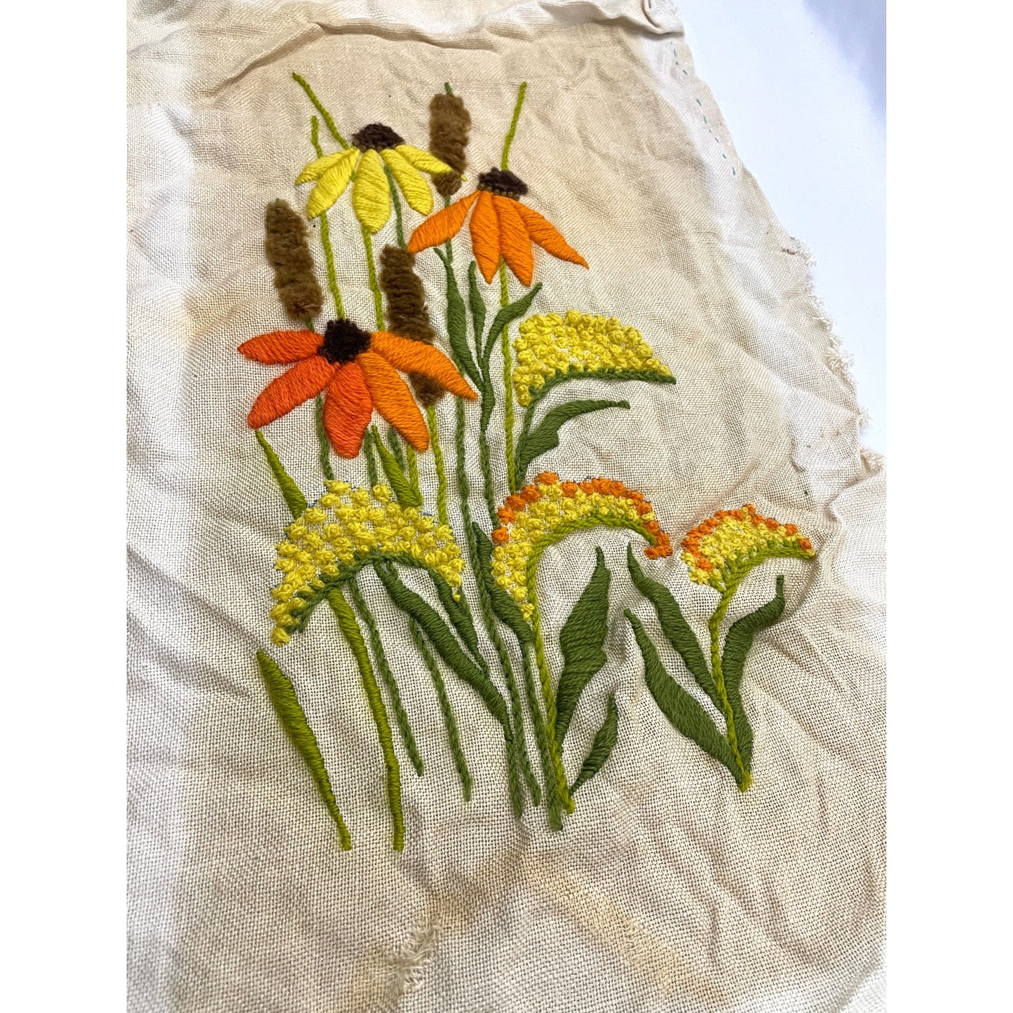 VTG Crewel Wildflowers Floral Embroidered Fiber Wall Art 15"x25" MCM 1970s