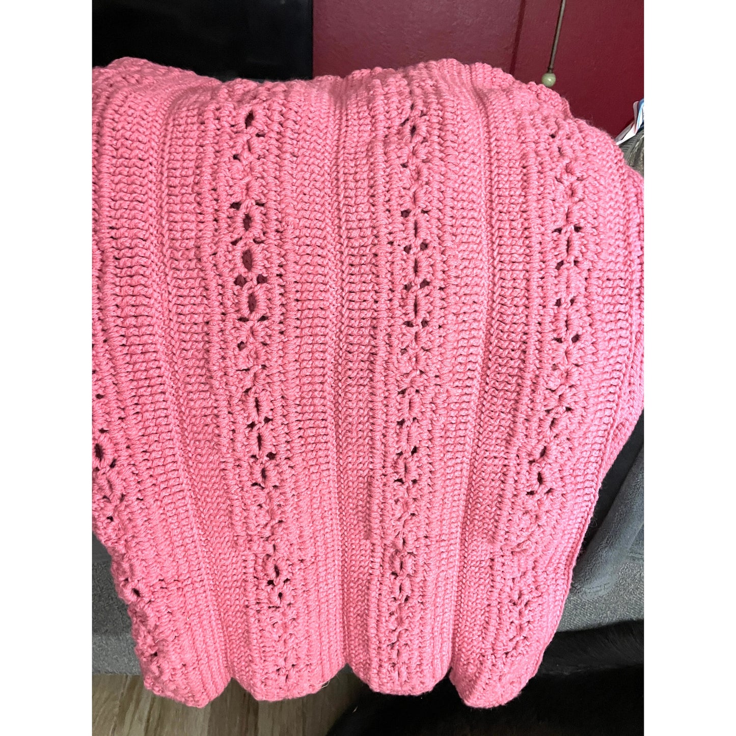 VTG Handmade Pink Crocheted Afghan Throw Blanket Chain Popcorn Stitch 60"x40"