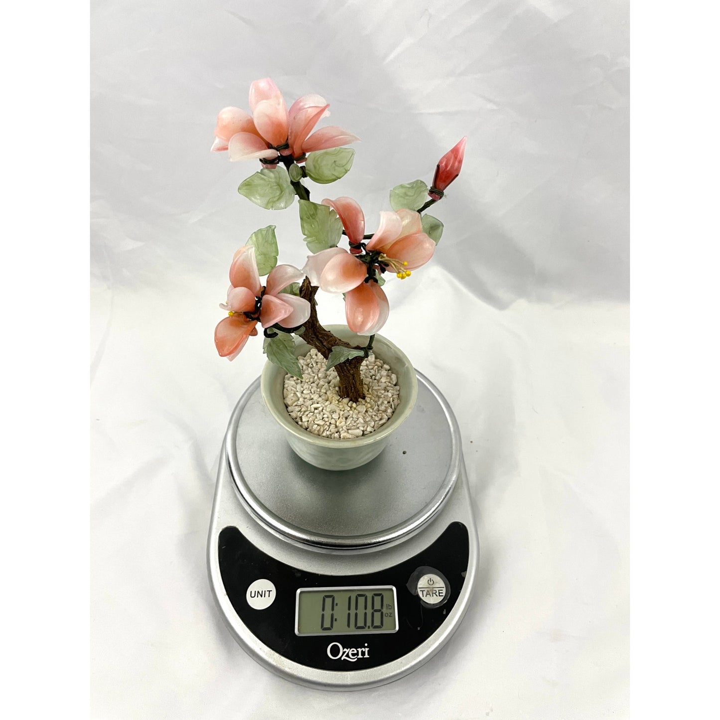 Asian Bonsai Glass Flowers Jade Leaves In Stone Pot 8" Tall Floral Quartz | VTG