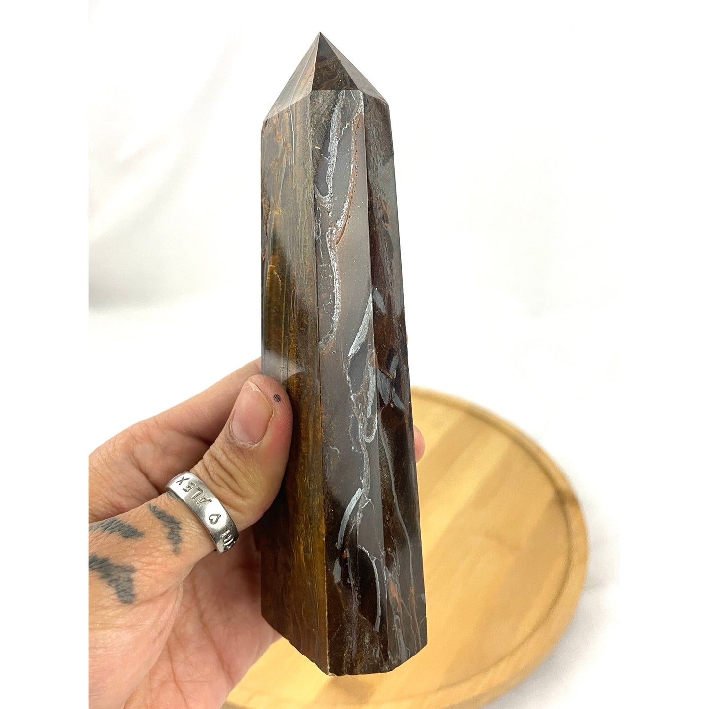 Tigers Eye Tower Obelisk Point 5 7/8" Natural Quartz Crystal 306g