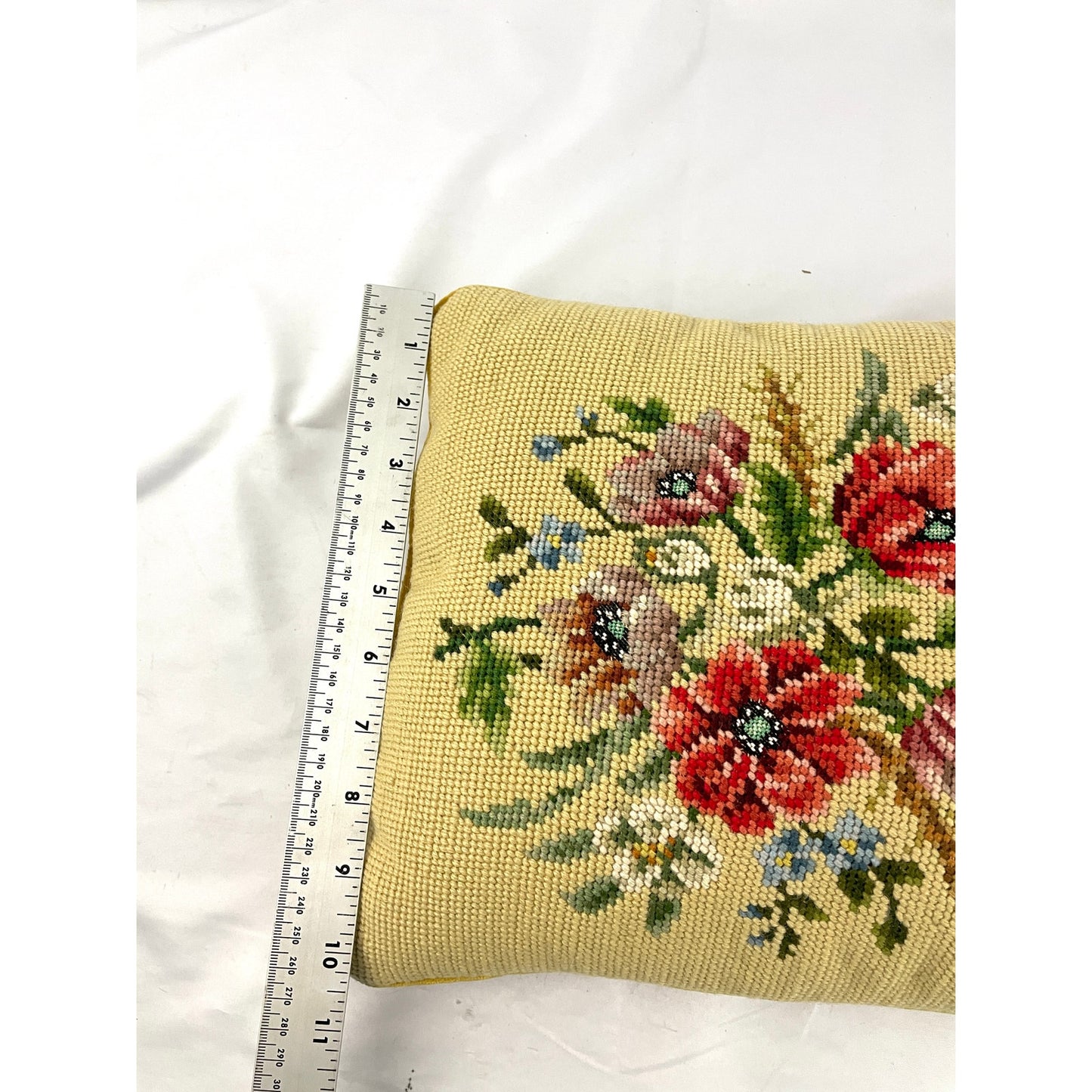 VTG Hand Sewn Pillow Wild Flowers Floral Roses Yellow Embroidered 10"x13"