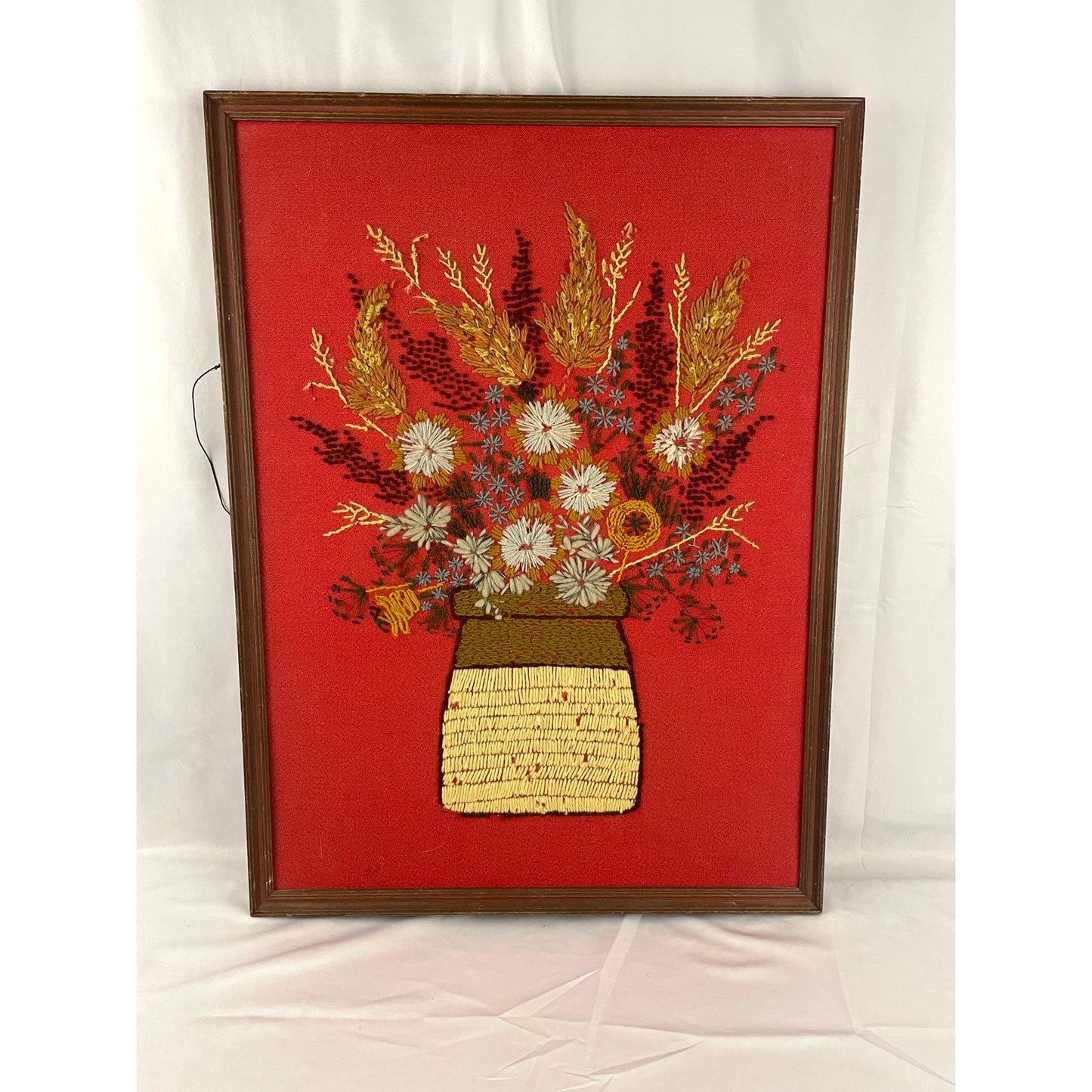 VTG Crewel Flowers in Vase Needlecraft Embroidered Framed Wall Art 21"x27" 70s