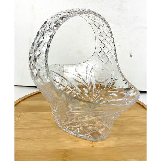 VTG Waterford Crystal 8” Etched Rose Flower Diamond Pattern Basket Heavy