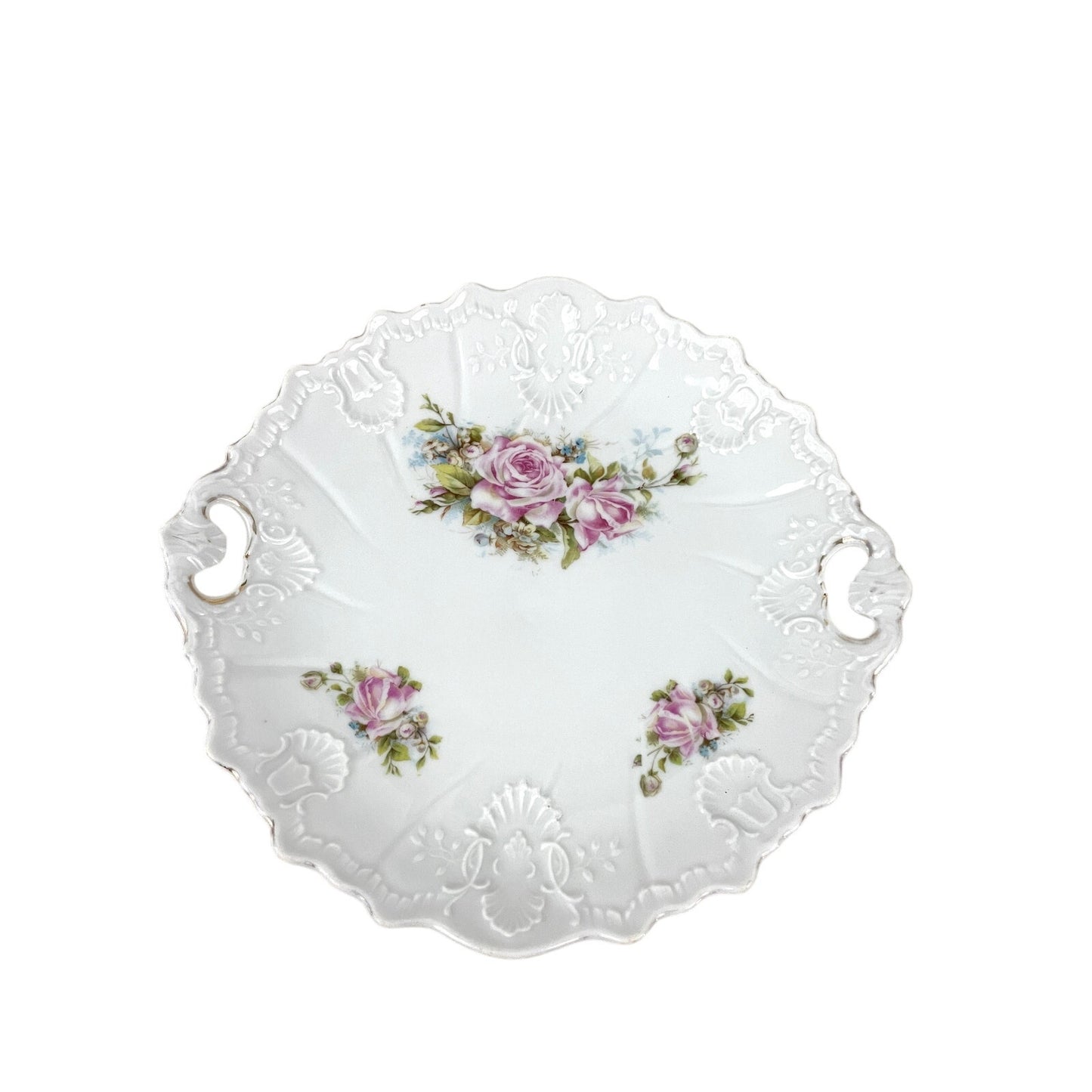 VTG Porcelain Pink Roses Floral Serving Plate With Handles Embossed Shabby Chic