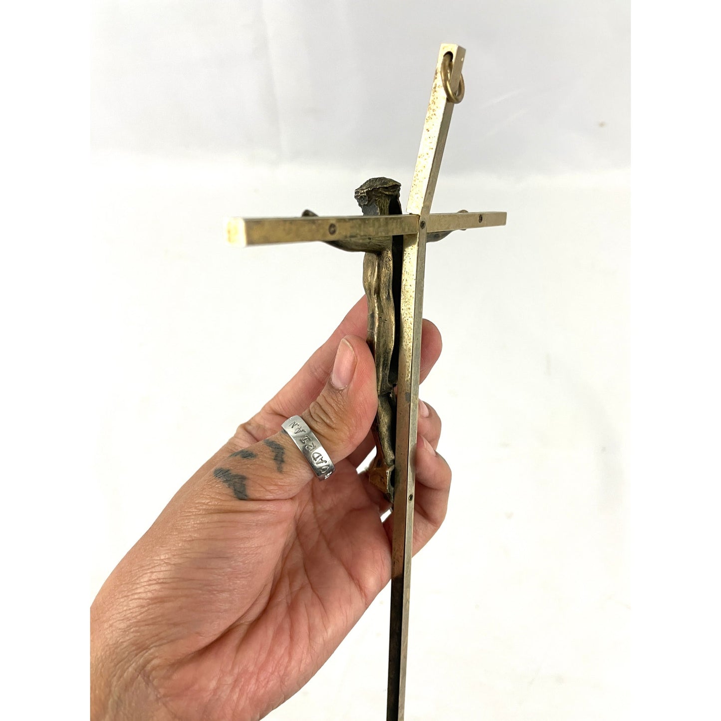 VTG Brass Crucifix Cross Jesus Christ Wall Hanging Engraved INRI Religion 9"