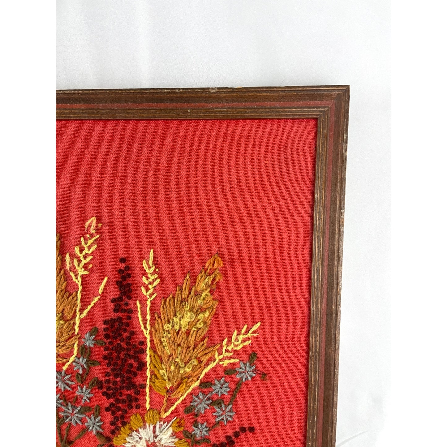 VTG Crewel Flowers in Vase Needlecraft Embroidered Framed Wall Art 21"x27" 70s