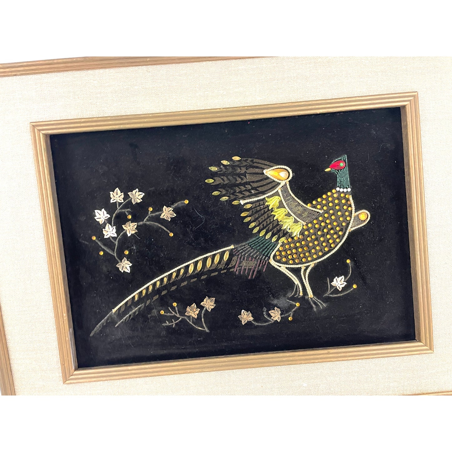 VTG Pheasant Bird Black Velvet Felt Beaded Rhinestones Art Wooden Frame MCM