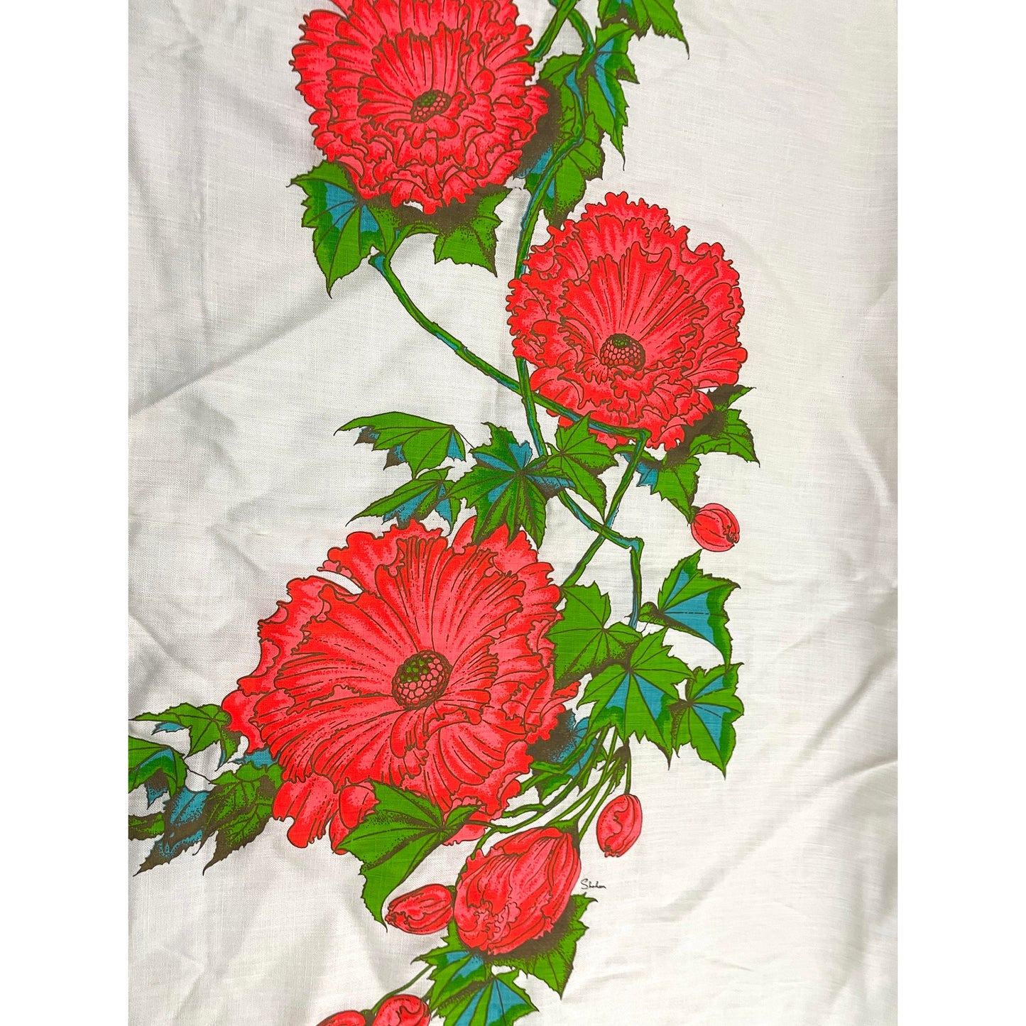 VTG Alfred Shaheen Fabric Bright Red Floral Hand Printed 27" X 44" Hawaii Woven